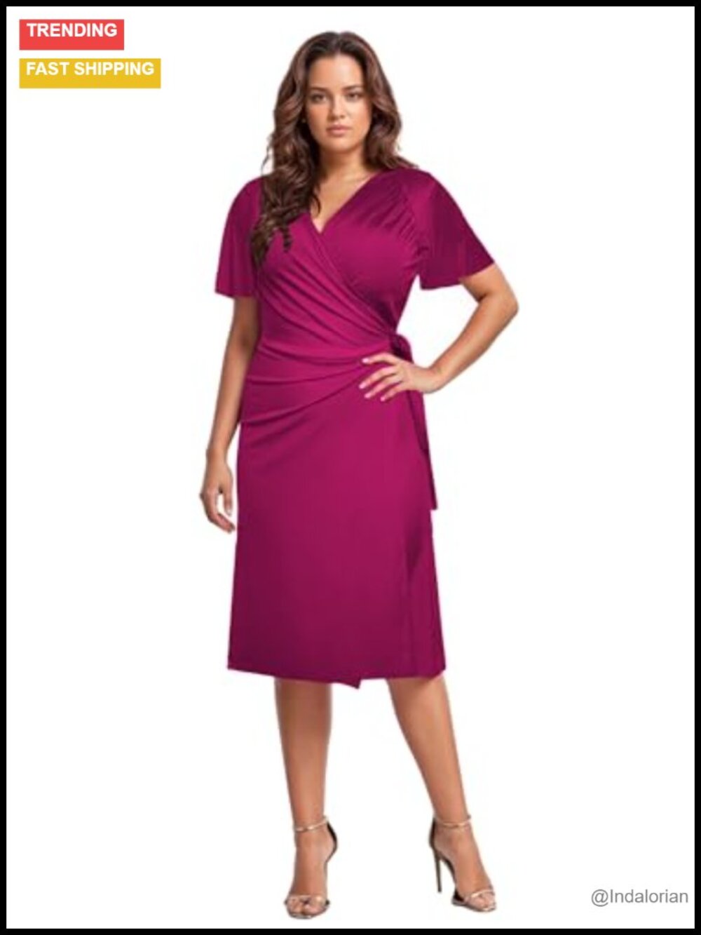 Plus Size Wrap Dress V-Neck Batwing Sleeve Knee-Length